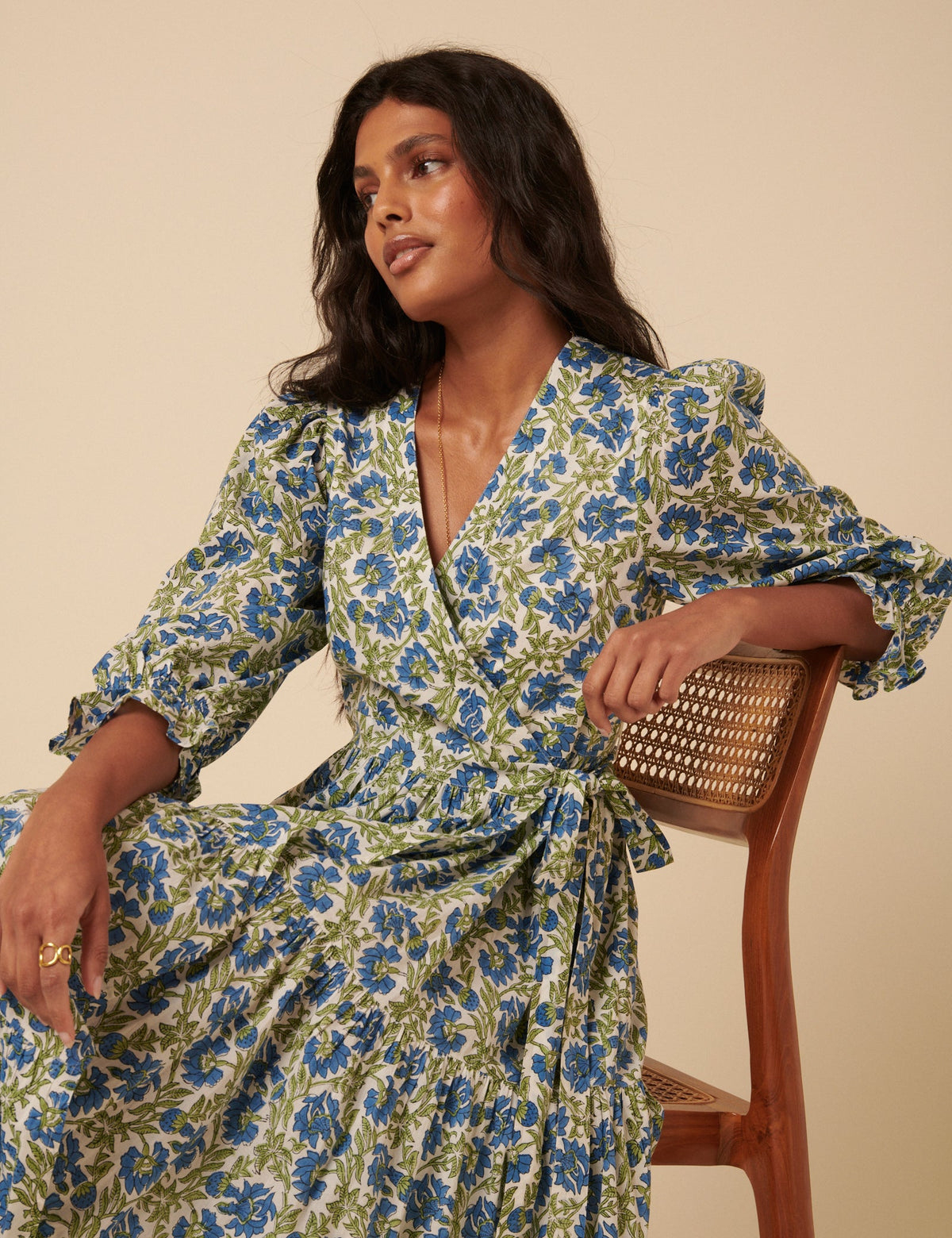 Blue and Green Woodblock Printed Luna Midi Dress