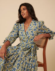 Blue and Green Woodblock Printed Luna Midi Dress