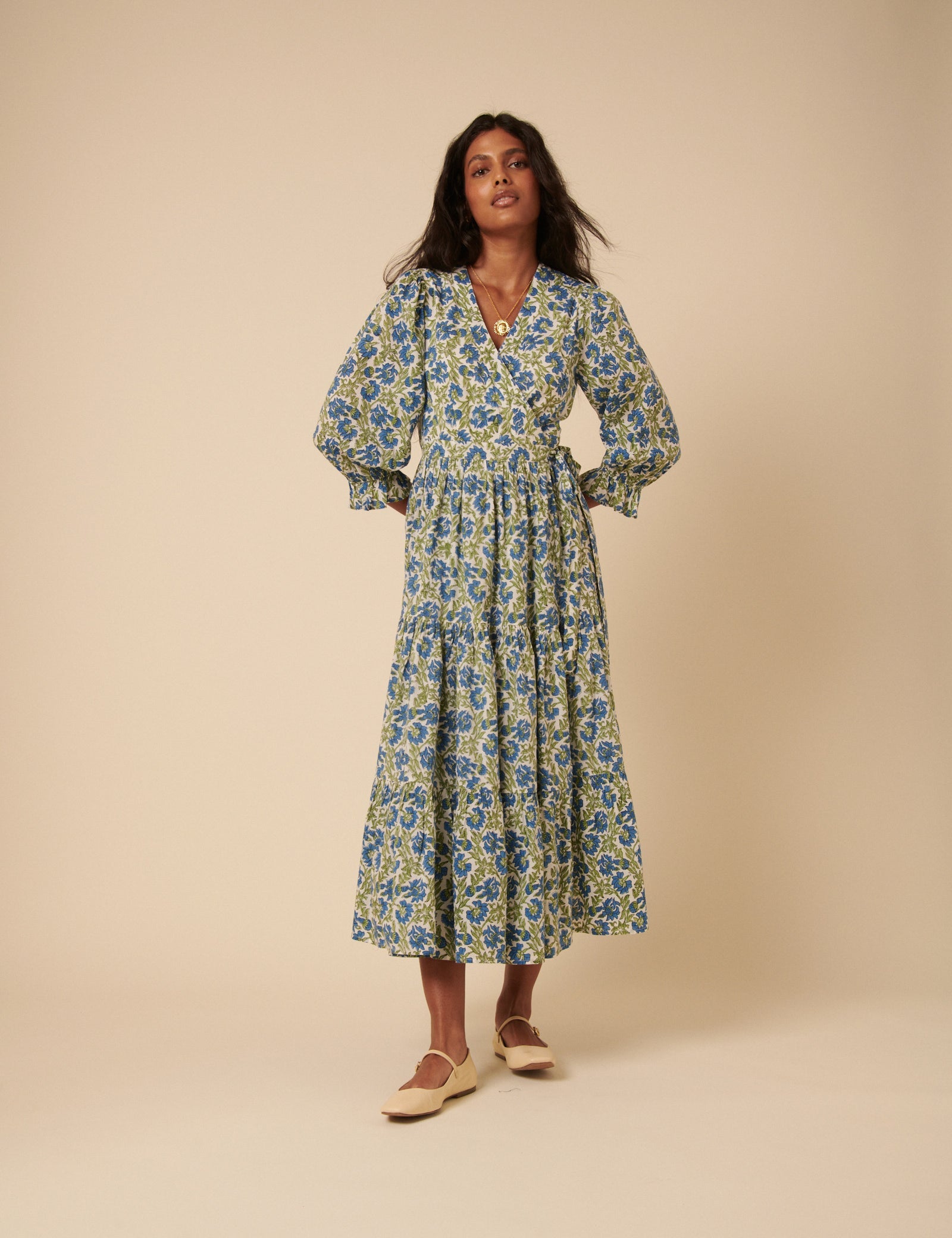 Blue and Green Woodblock Printed Luna Midi Dress