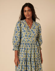 Blue and Green Woodblock Printed Luna Midi Dress