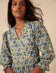 Blue and Green Woodblock Printed Luna Midi Dress