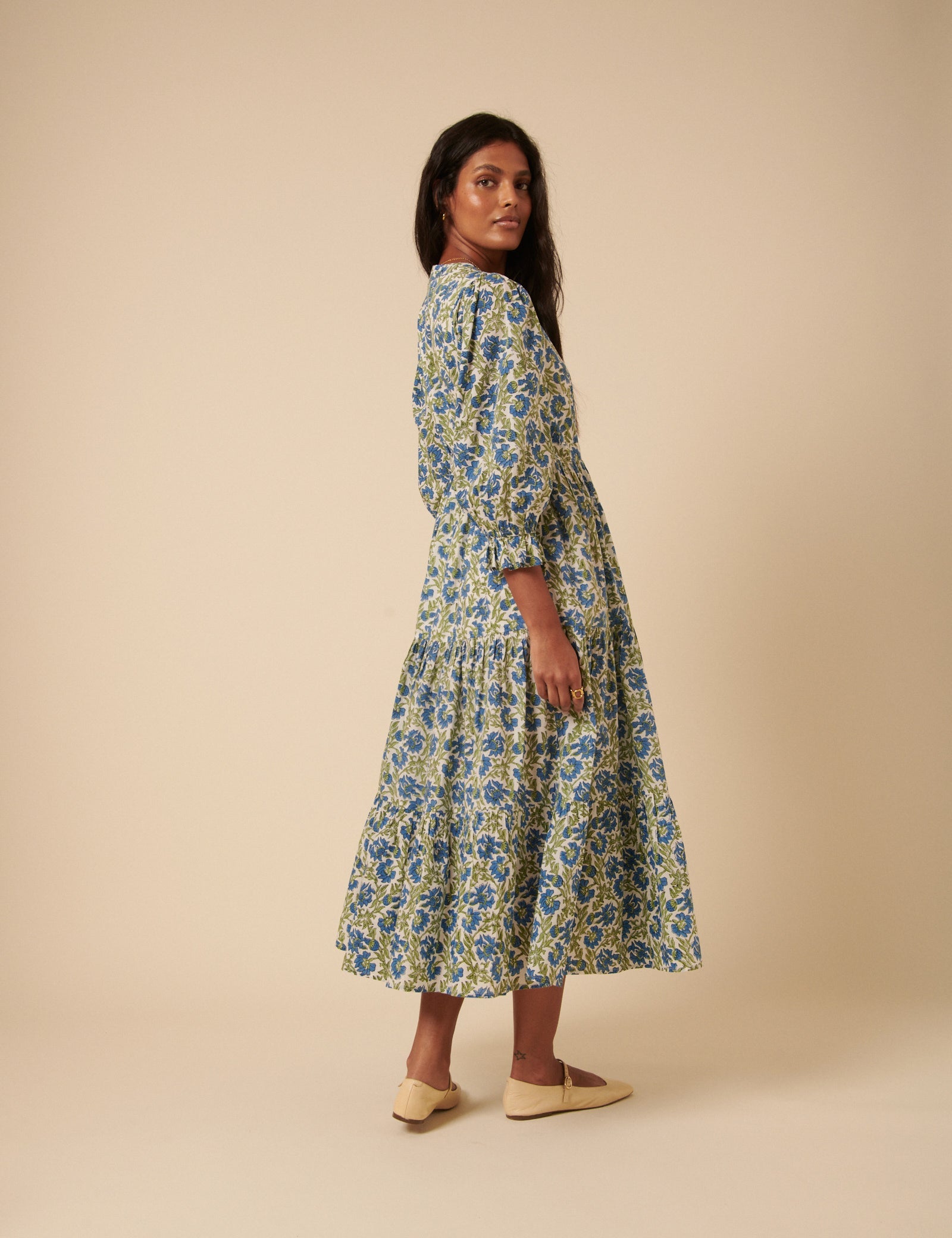 Blue and Green Woodblock Printed Luna Midi Dress