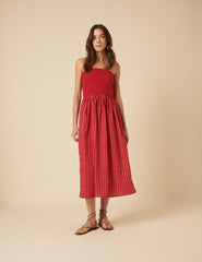 Red Bandeau Pinstripe Midi Dress