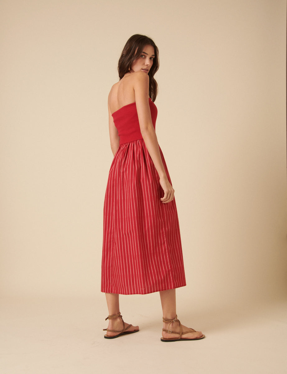Red Bandeau Pinstripe Midi Dress