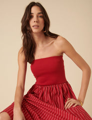 Red Bandeau Pinstripe Midi Dress