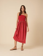 Red Bandeau Pinstripe Midi Dress