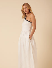 White One Shoulder Crochet Trim Sabrina Midi Dress
