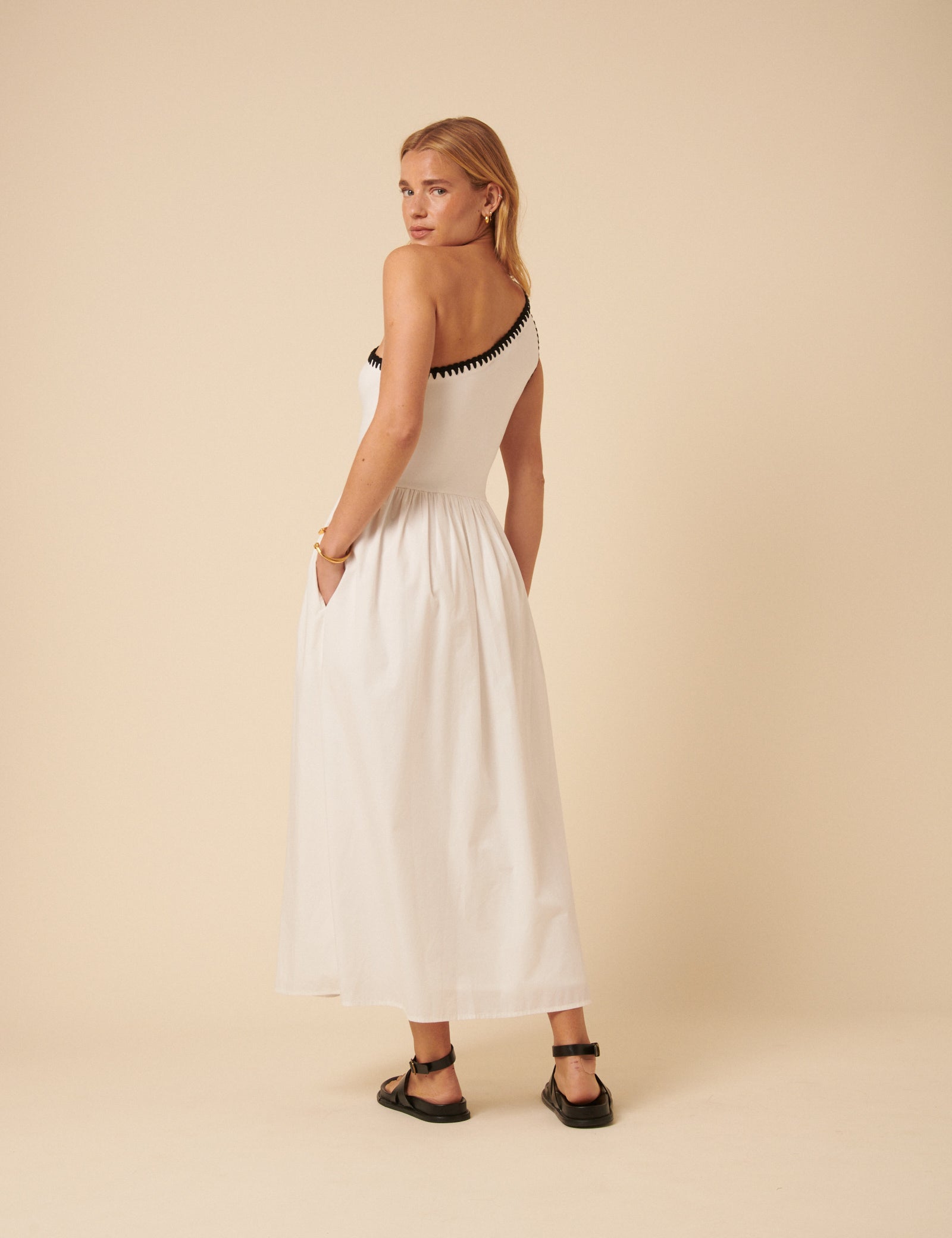 White One Shoulder Crochet Trim Sabrina Midi Dress