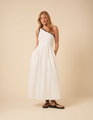 White One Shoulder Crochet Trim Sabrina Midi Dress