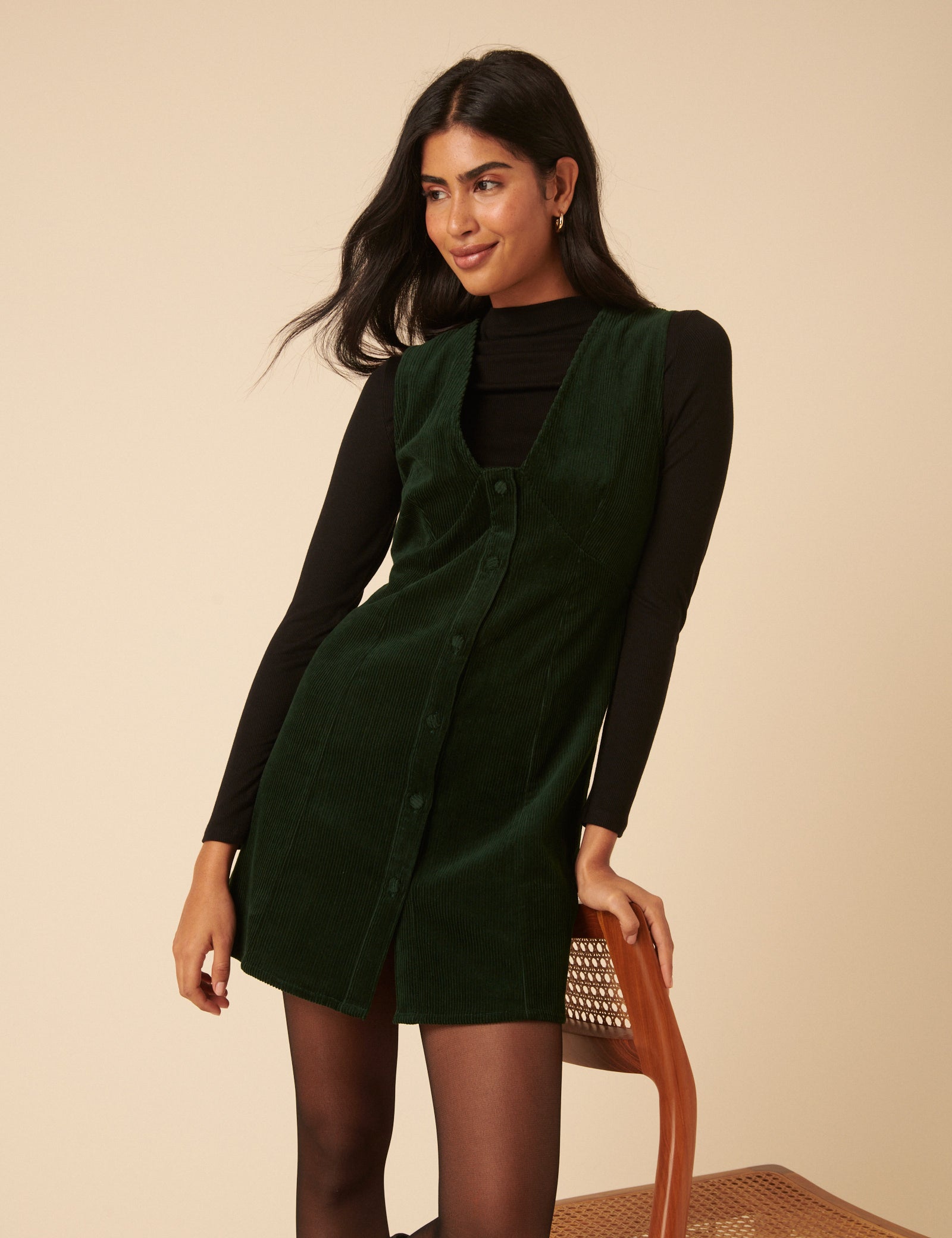 Khaki Green Cord Gianna Pinafore Mini Dress