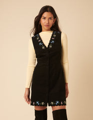 Black Embroidered Cord Leone Pinafore Mini Dress