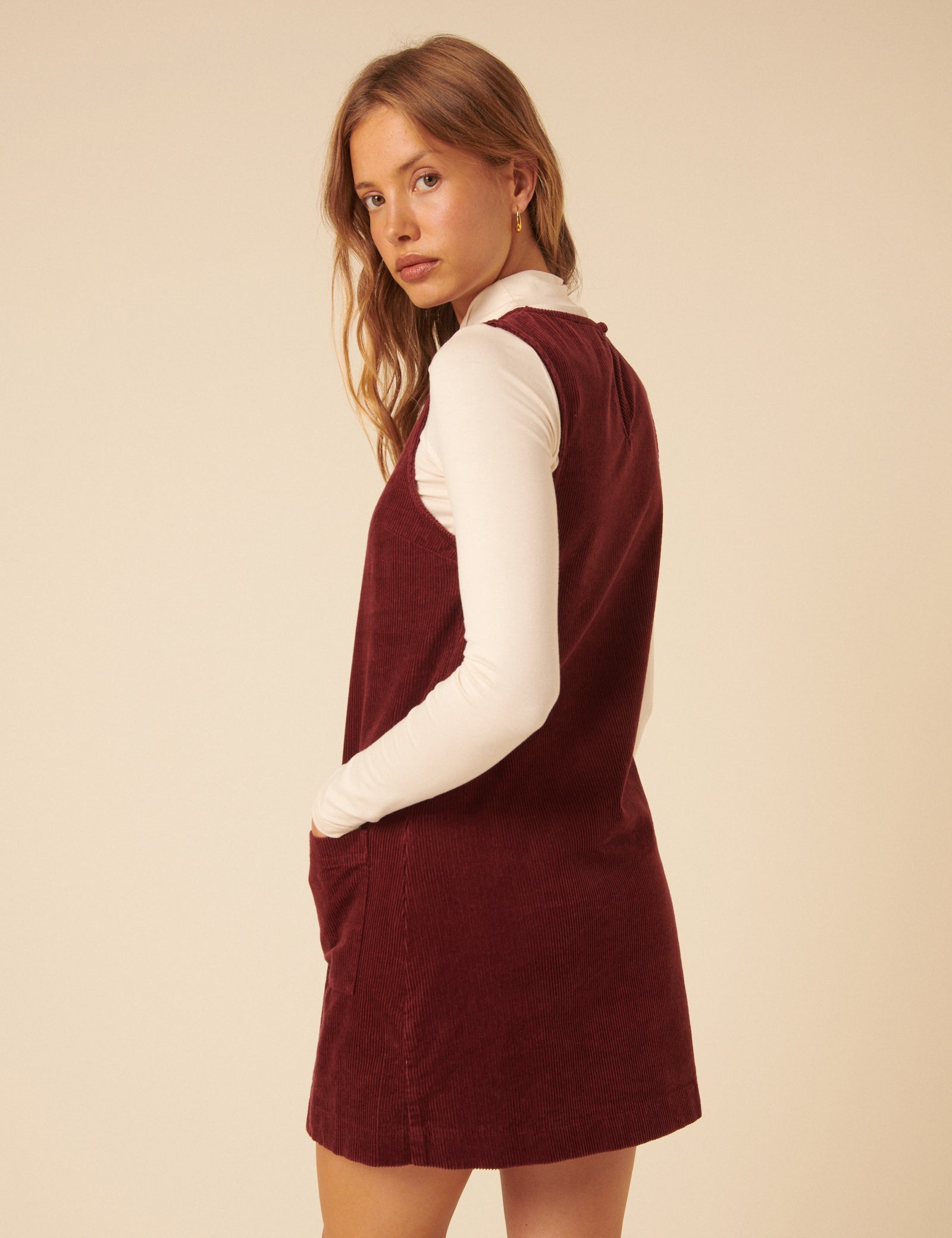 Burgundy Cord Chiara Pinafore Mini Dress