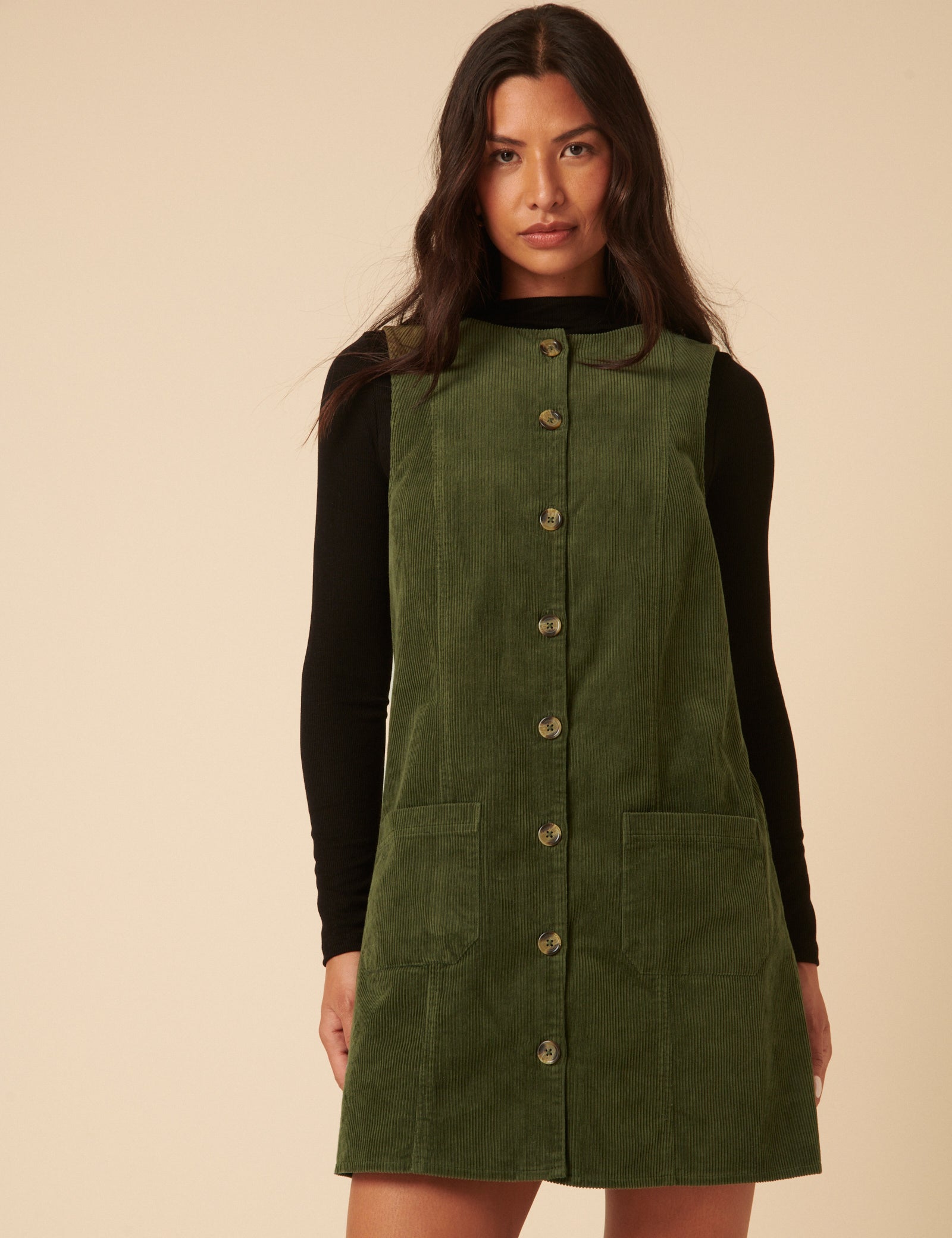 Khaki Cord Alessa Pinafore Mini Dress