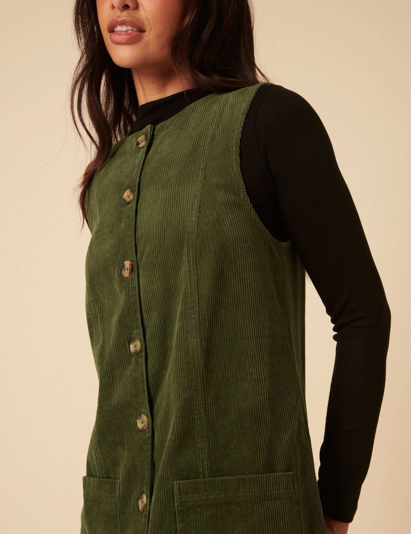 Khaki Cord Alessa Pinafore Mini Dress