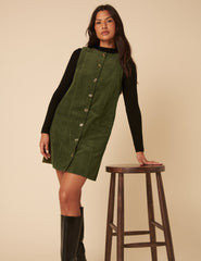 Khaki Cord Alessa Pinafore Mini Dress