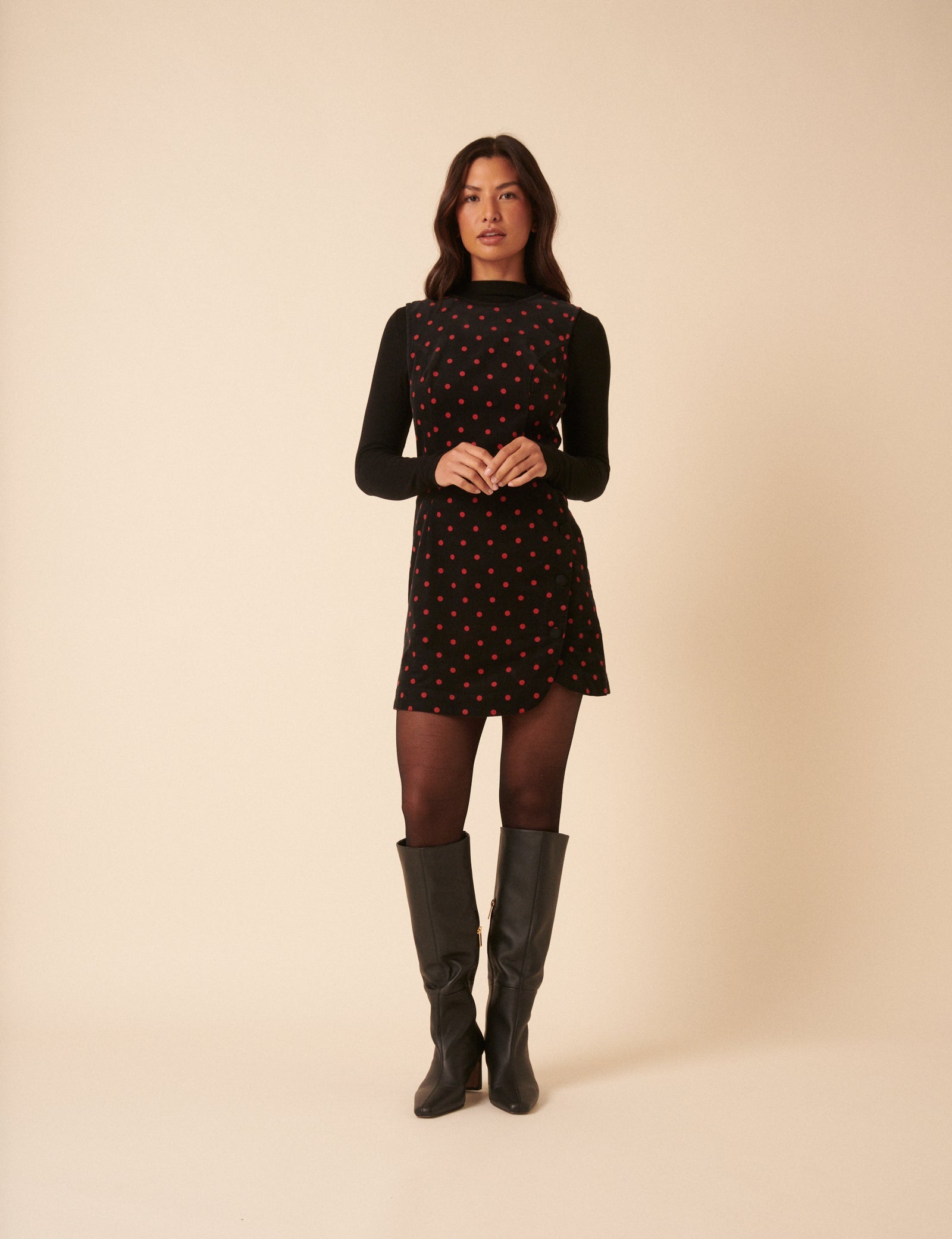 Black Cord Polka Dot Birch Mini Pinafore Dress
