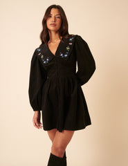 Black Floral Embroidered Cord Birdie Mini Dress