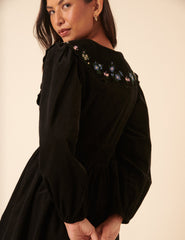 Black Floral Embroidered Cord Birdie Mini Dress