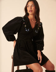 Black Floral Embroidered Cord Birdie Mini Dress