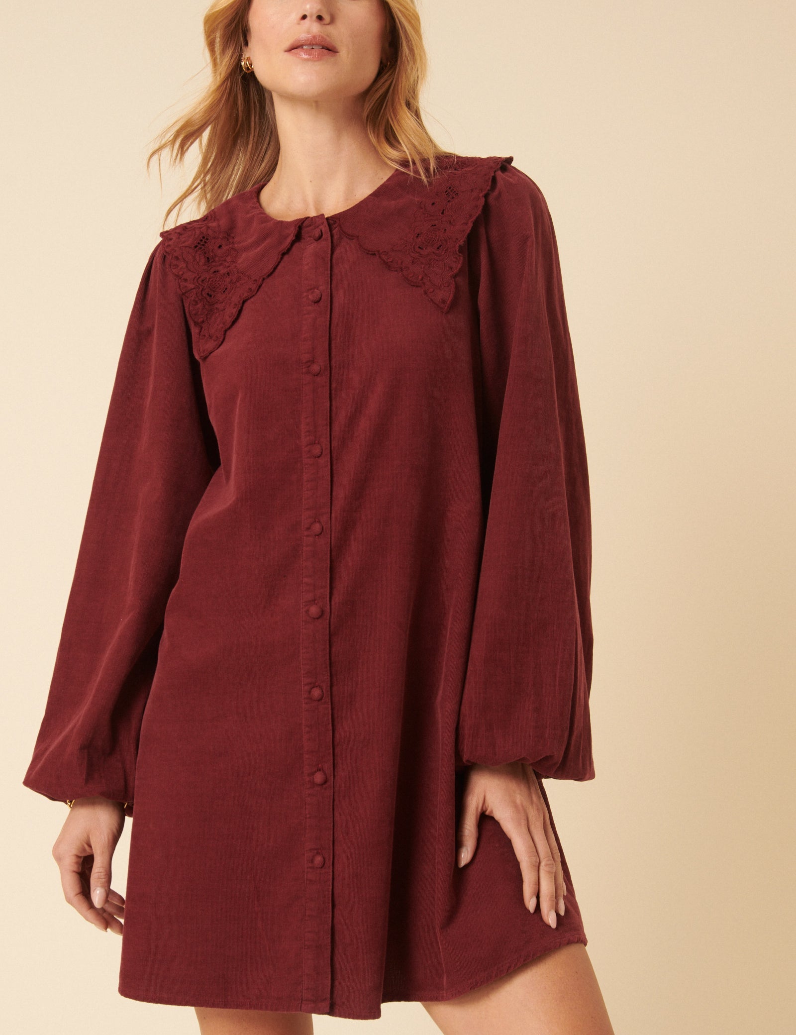 Burgundy Peter Pan Collar Cord Bridget Mini Dress