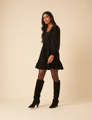 Black Balloon Sleeve Cord Tiered Elsa Mini Dress
