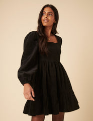 Black Balloon Sleeve Cord Tiered Elsa Mini Dress