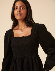 Black Balloon Sleeve Cord Tiered Elsa Mini Dress