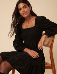 Black Balloon Sleeve Cord Tiered Elsa Mini Dress