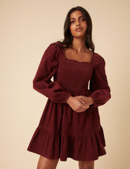 Red Balloon Sleeve Cord Tiered Elsa Mini Dress