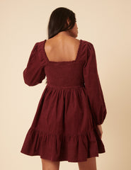 Red Balloon Sleeve Cord Tiered Elsa Mini Dress