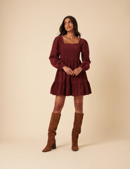 Red Balloon Sleeve Cord Tiered Elsa Mini Dress