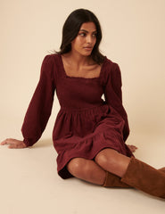 Red Balloon Sleeve Cord Tiered Elsa Mini Dress