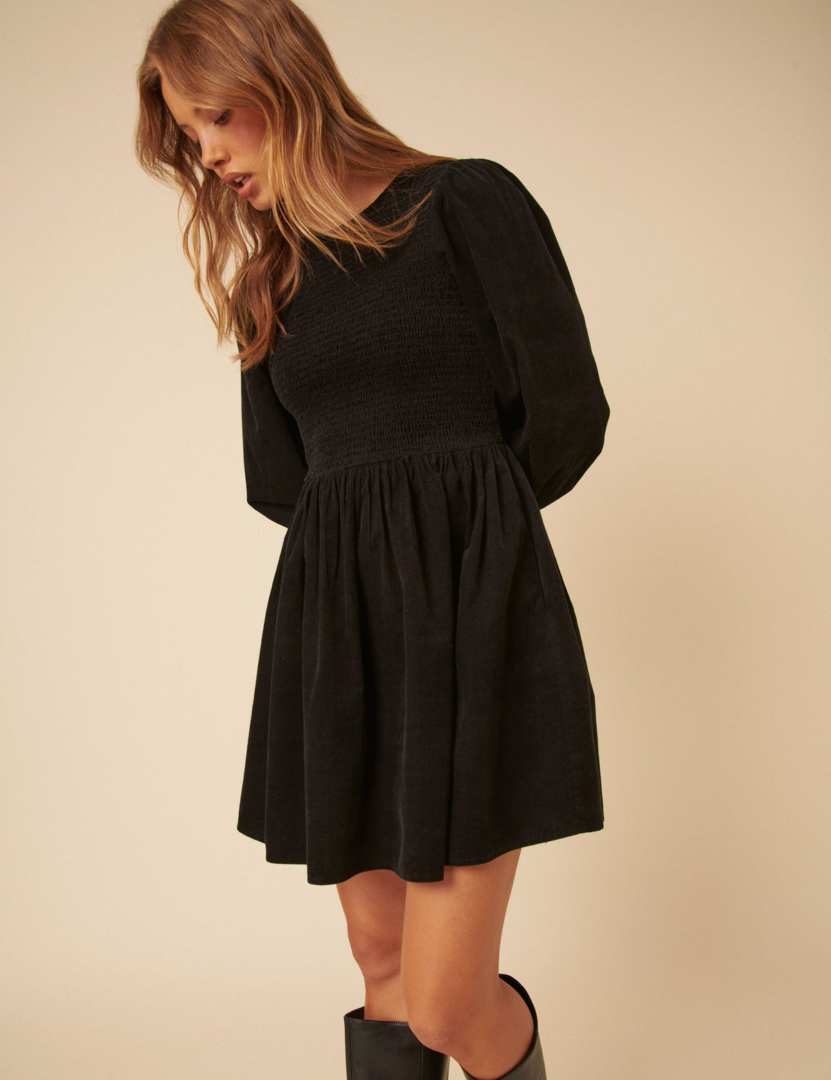 Black Cord Long Sleeve Shirred Bambi Mini Dress