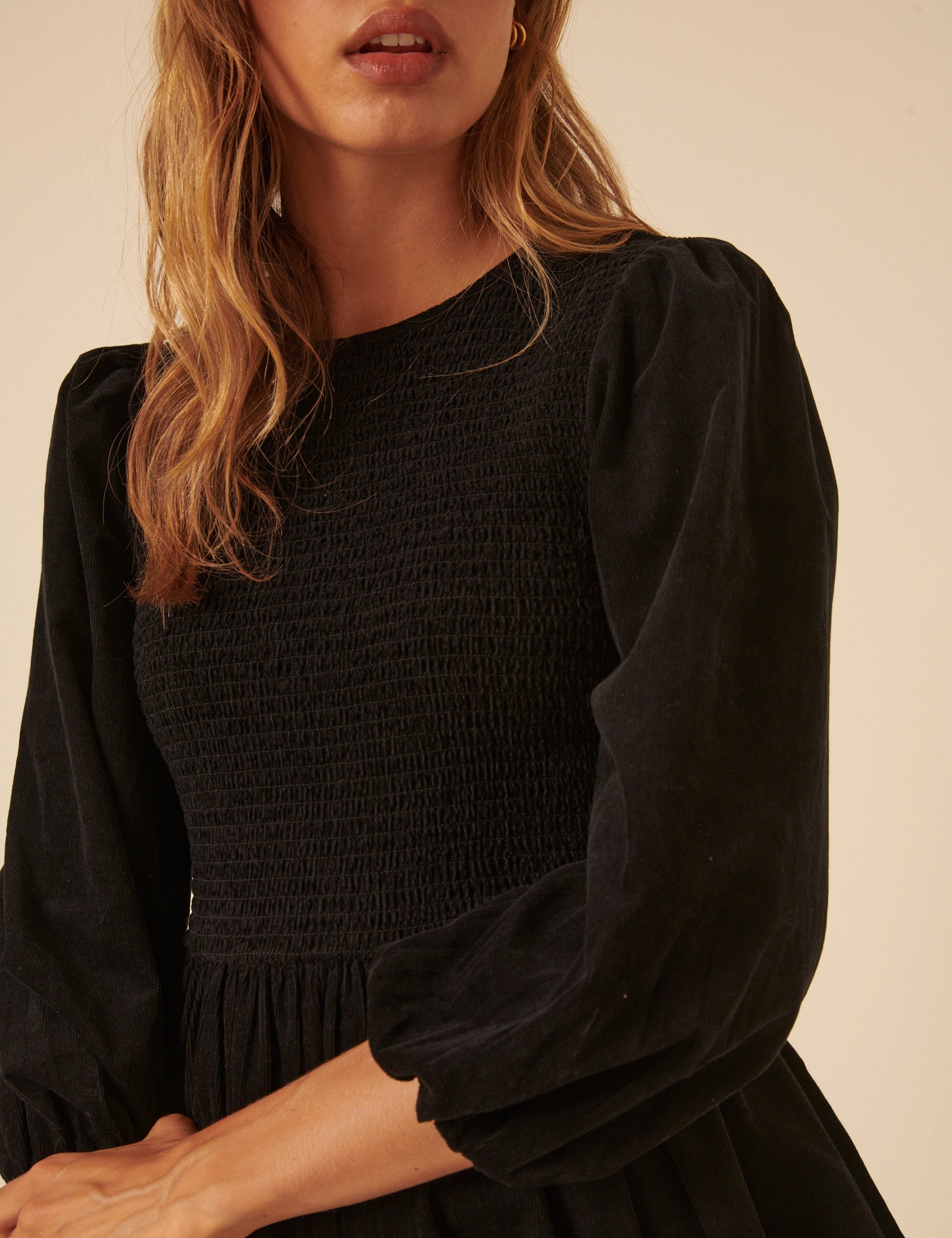 Black Cord Long Sleeve Shirred Bambi Mini Dress