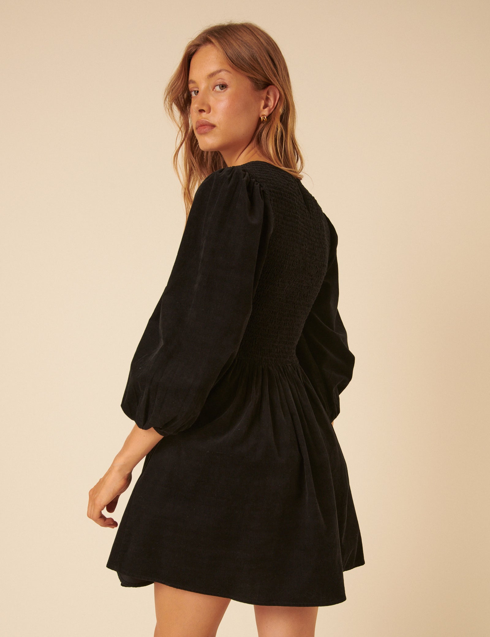 Black Cord Long Sleeve Shirred Bambi Mini Dress