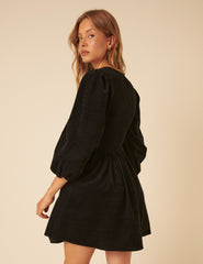 Black Cord Long Sleeve Shirred Bambi Mini Dress