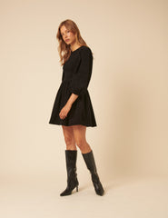 Black Cord Long Sleeve Shirred Bambi Mini Dress