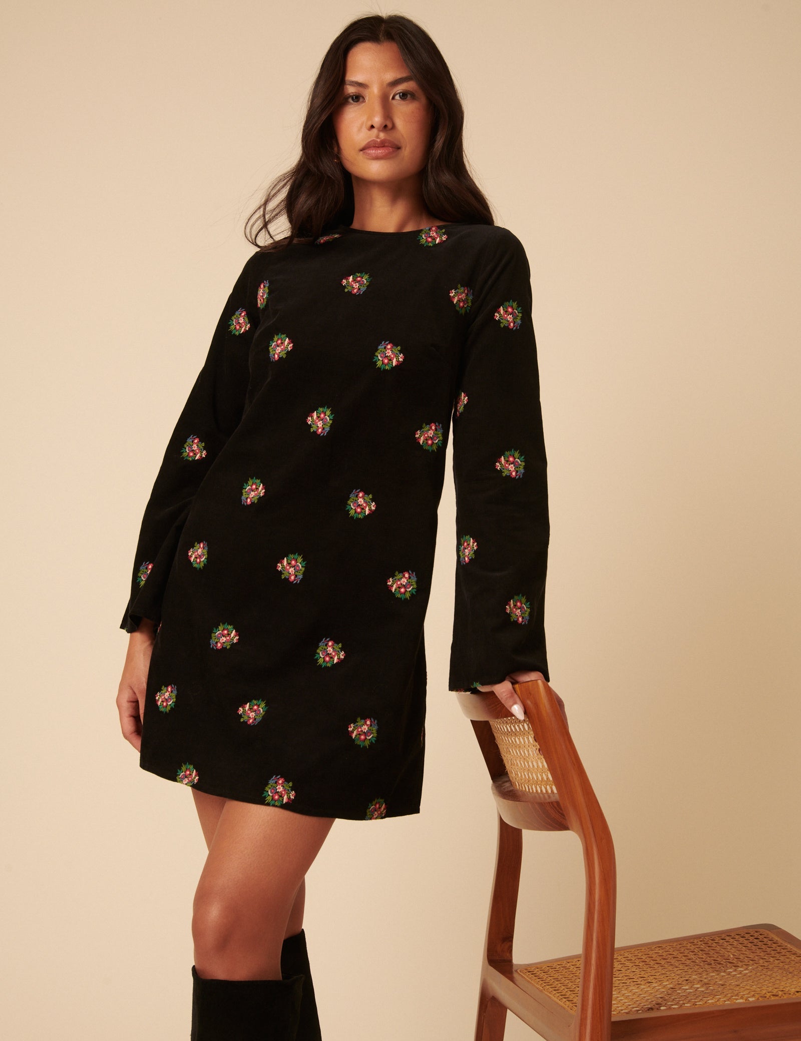 Black Floral Embroidered Saravejo Cord Mini Dess