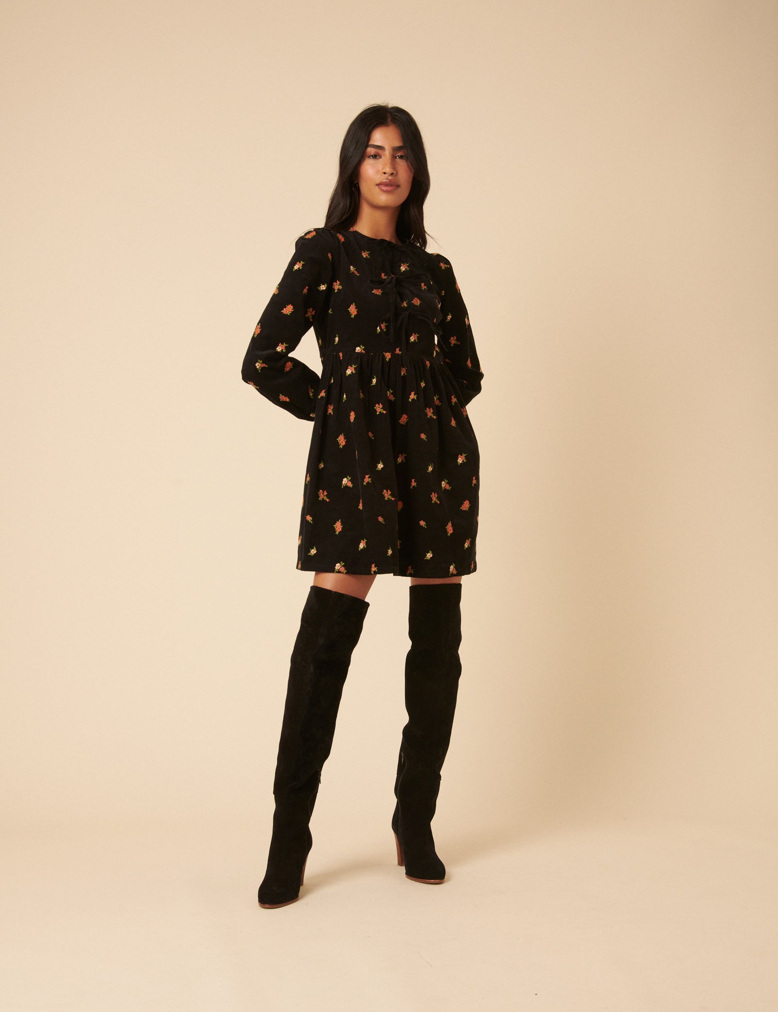 Black Floral Embroidered Tie-front Cord Eden Mini Dress