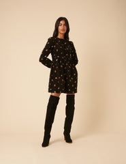 Black Floral Embroidered Tie-front Cord Eden Mini Dress