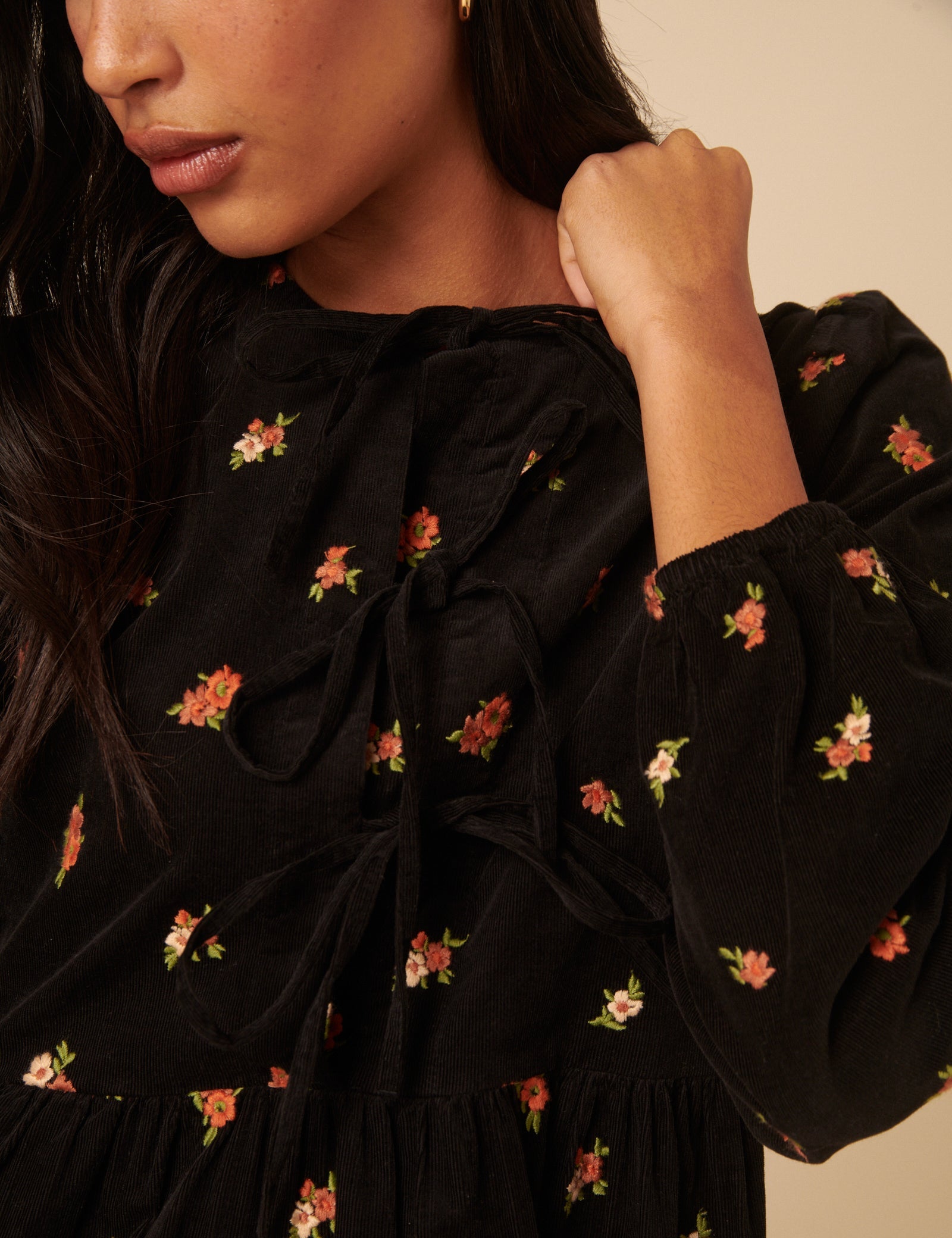 Black Floral Embroidered Tie-front Cord Eden Mini Dress