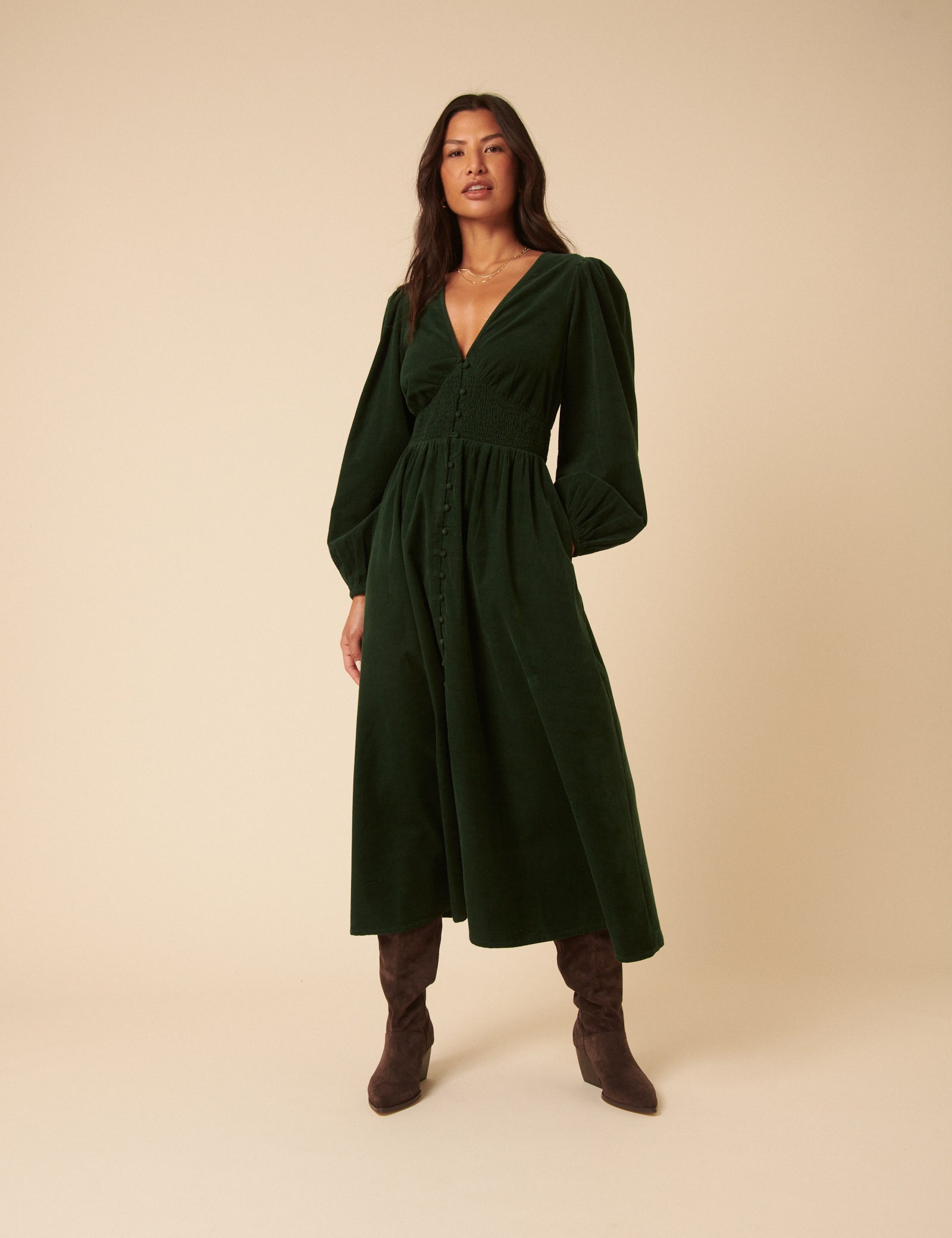 Forest Green Cord Long Sleeve Riley Midi Dress