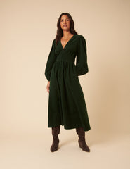 Forest Green Cord Long Sleeve Riley Midi Dress