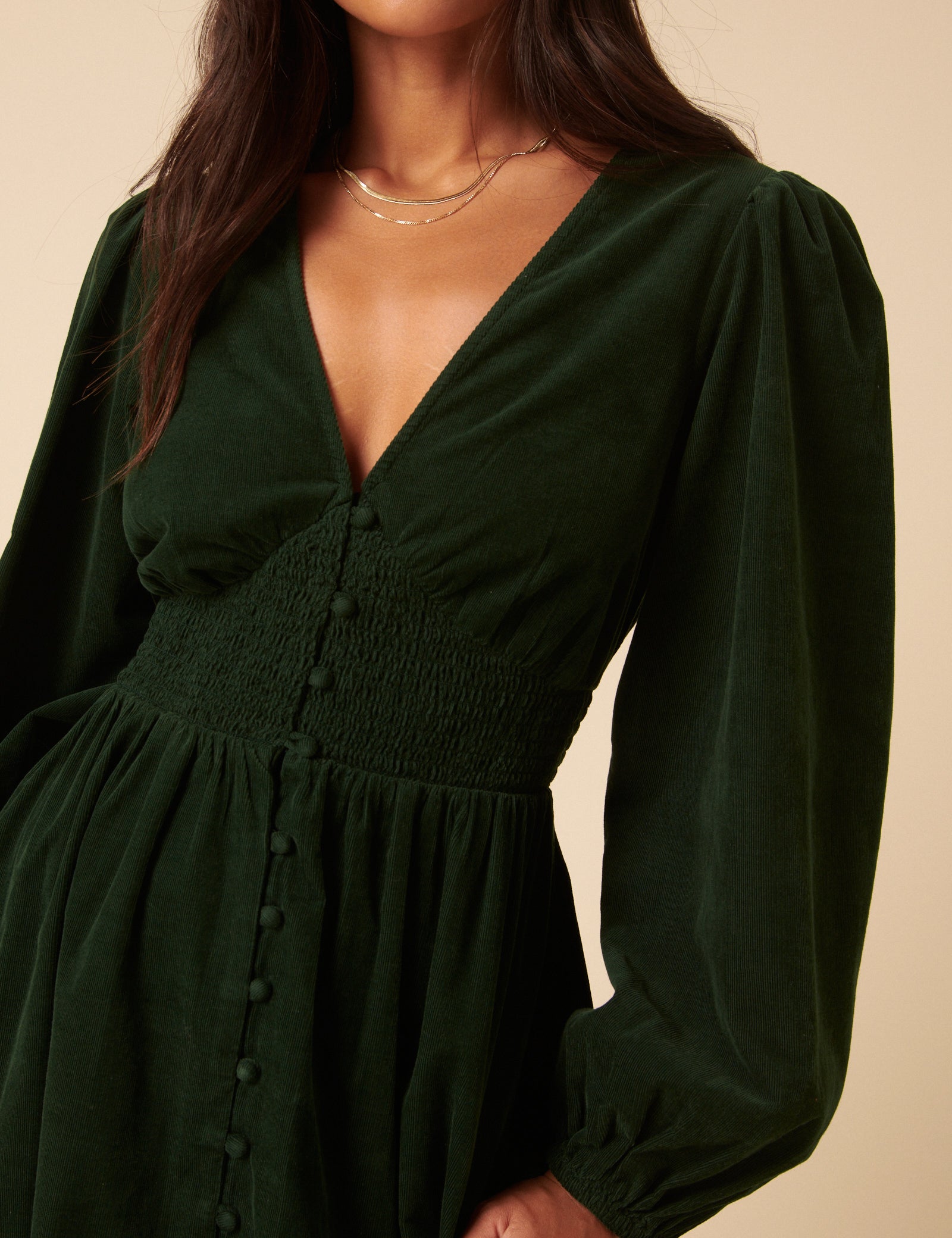 Forest Green Cord Long Sleeve Riley Midi Dress