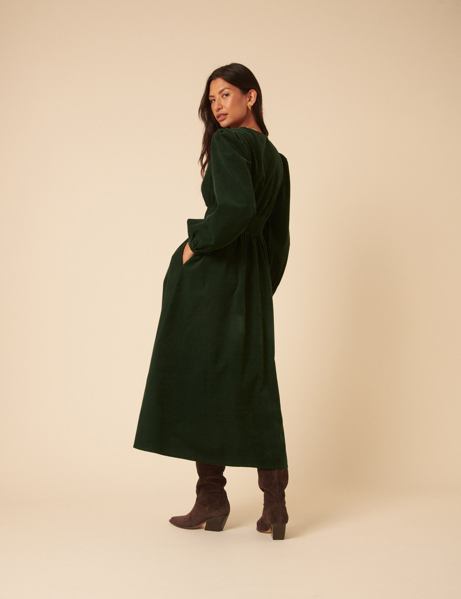 Forest Green Cord Long Sleeve Riley Midi Dress