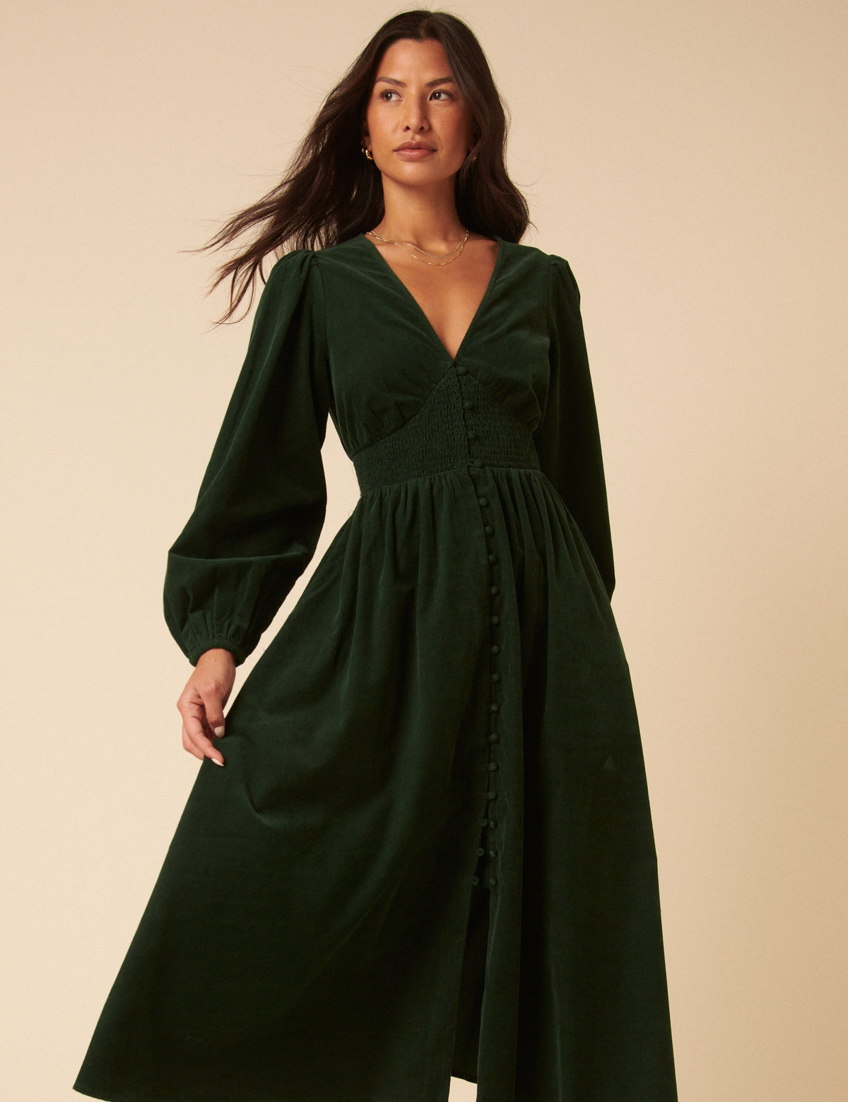 Forest Green Cord Long Sleeve Riley Midi Dress