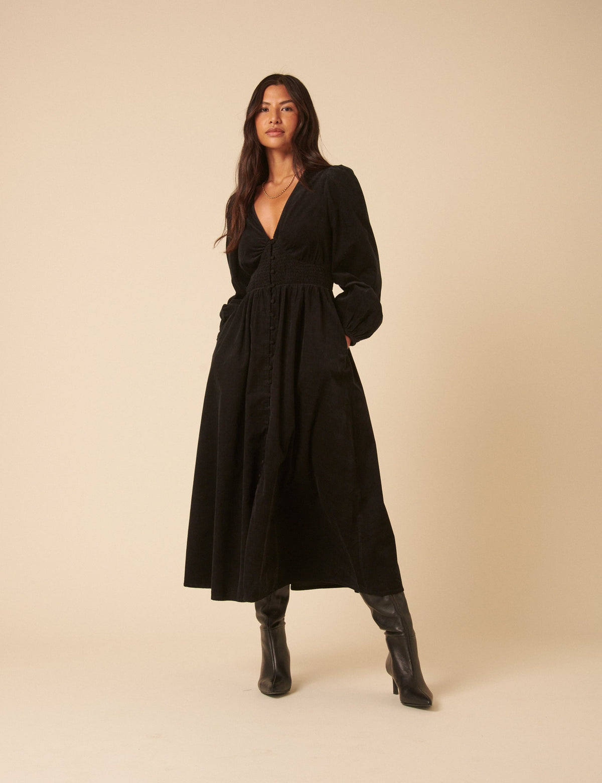 Black Cord Long Sleeve Riley Midi Dress