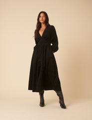 Black Cord Long Sleeve Riley Midi Dress