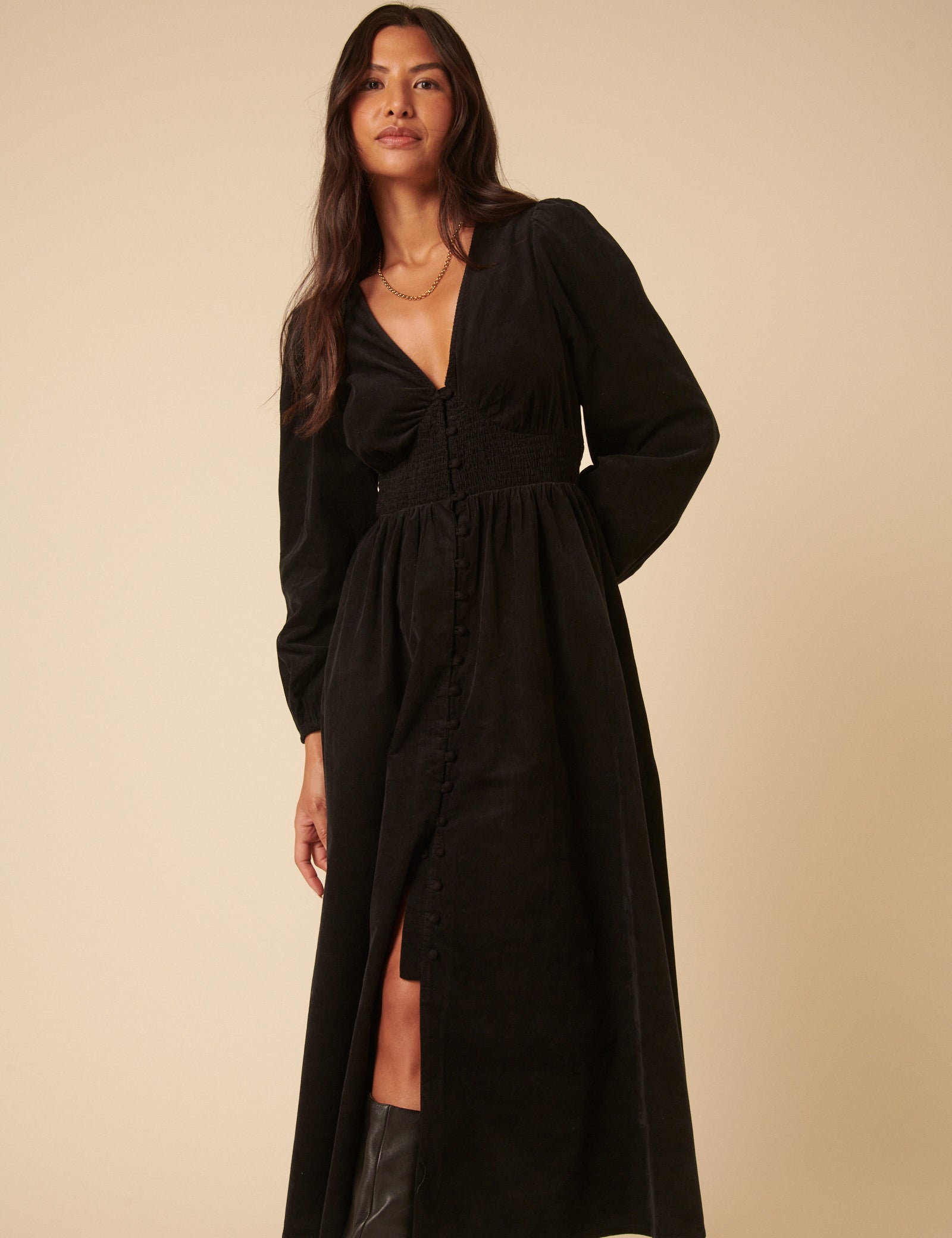 Black Cord Long Sleeve Riley Midi Dress