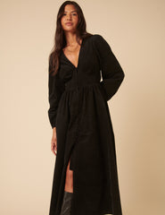 Black Cord Long Sleeve Riley Midi Dress